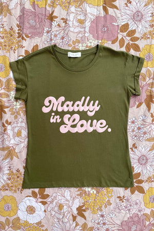Madly in Love Tee - Army Green and Pink Rolled Tee