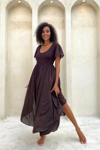 Goddess Dress Midi - Flutter sleeve - Dark Chocolate Brown