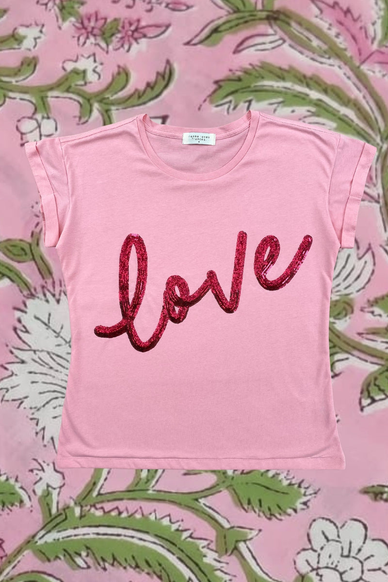 The love tee - Pink and Red Sequins