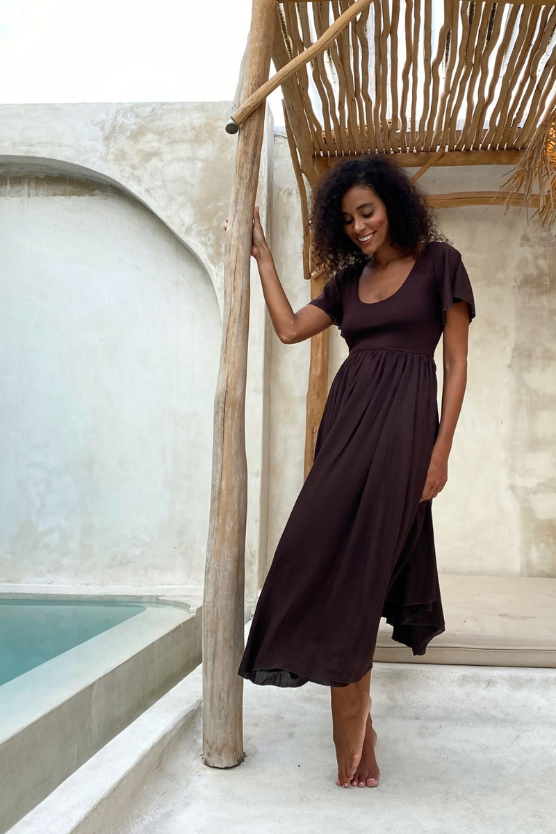 Goddess Dress Midi - Flutter sleeve - Dark Chocolate Brown