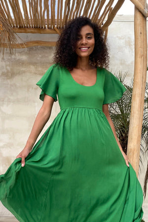 Goddess Dress Midi - Flutter sleeve - Ferngully Green