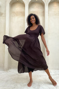 Goddess Dress Midi - Flutter sleeve - Dark Chocolate Brown