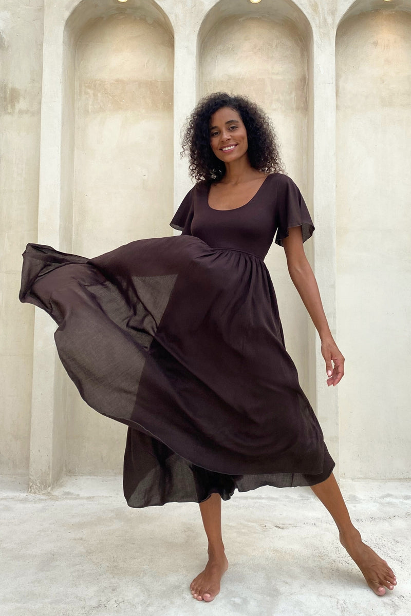 Goddess Dress Midi - Flutter sleeve - Dark Chocolate Brown