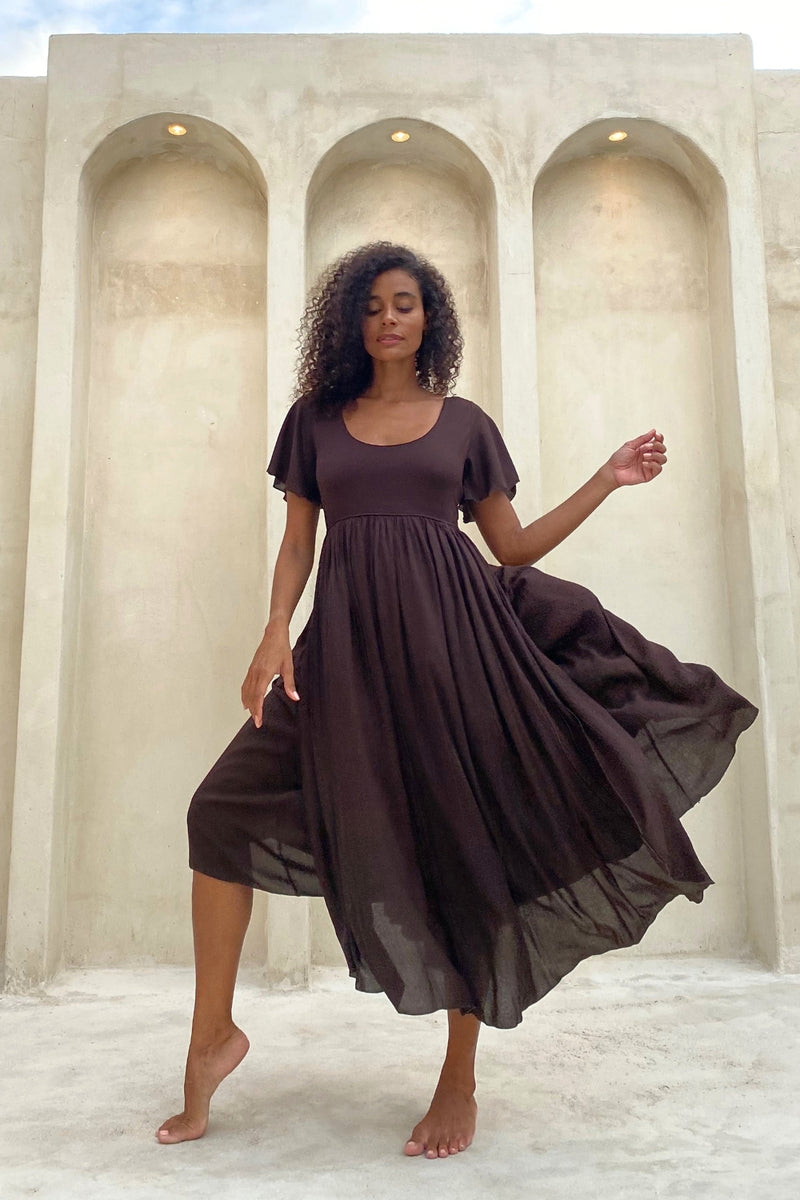 Goddess Dress Midi - Flutter sleeve - Dark Chocolate Brown Renee Loves Frances Goddess Dress Midi - Flutter sleeve - Dark Chocolate Brown Renee Loves Frances
