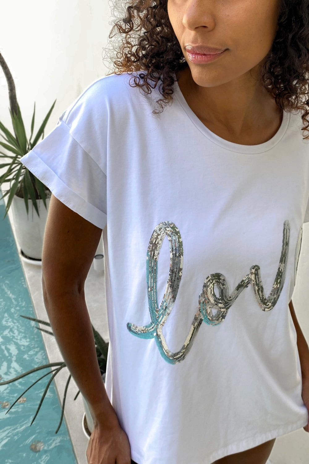 The love tee - White and Silver Sequin