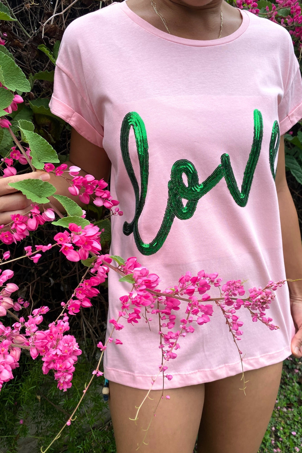 The love tee - Pink and Green Sequin