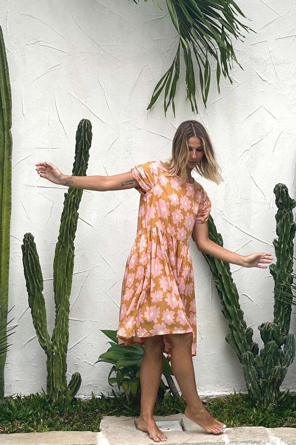 Babydoll Juliet Dress - Pink Mustard Blooms