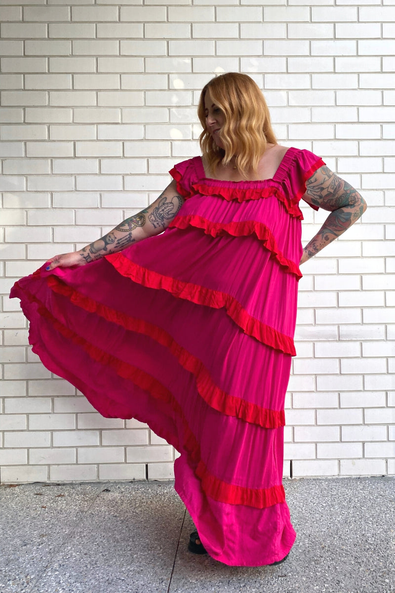The Smock Maxi Dress - Pink and Red Fiesta