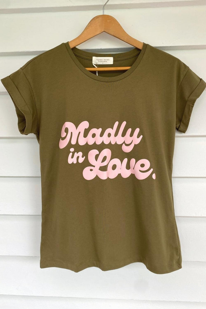 Madly in Love Tee - Army Green and Pink Rolled Tee