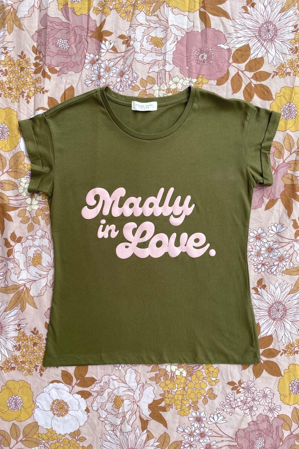 Madly in Love Tee - Army Green and Pink Rolled Tee