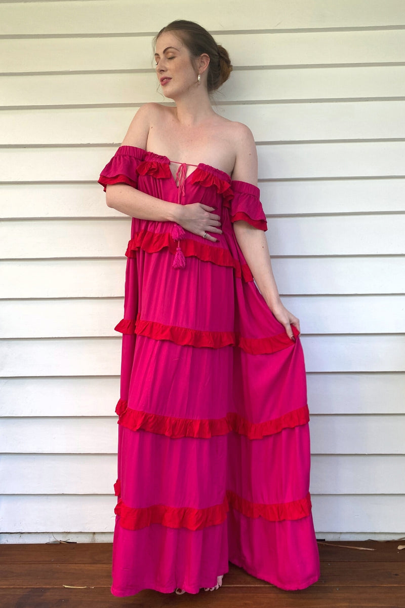 The Smock Maxi Dress - Pink and Red Fiesta