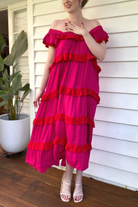 The Smock Midi Dress - Pink and Red Fiesta