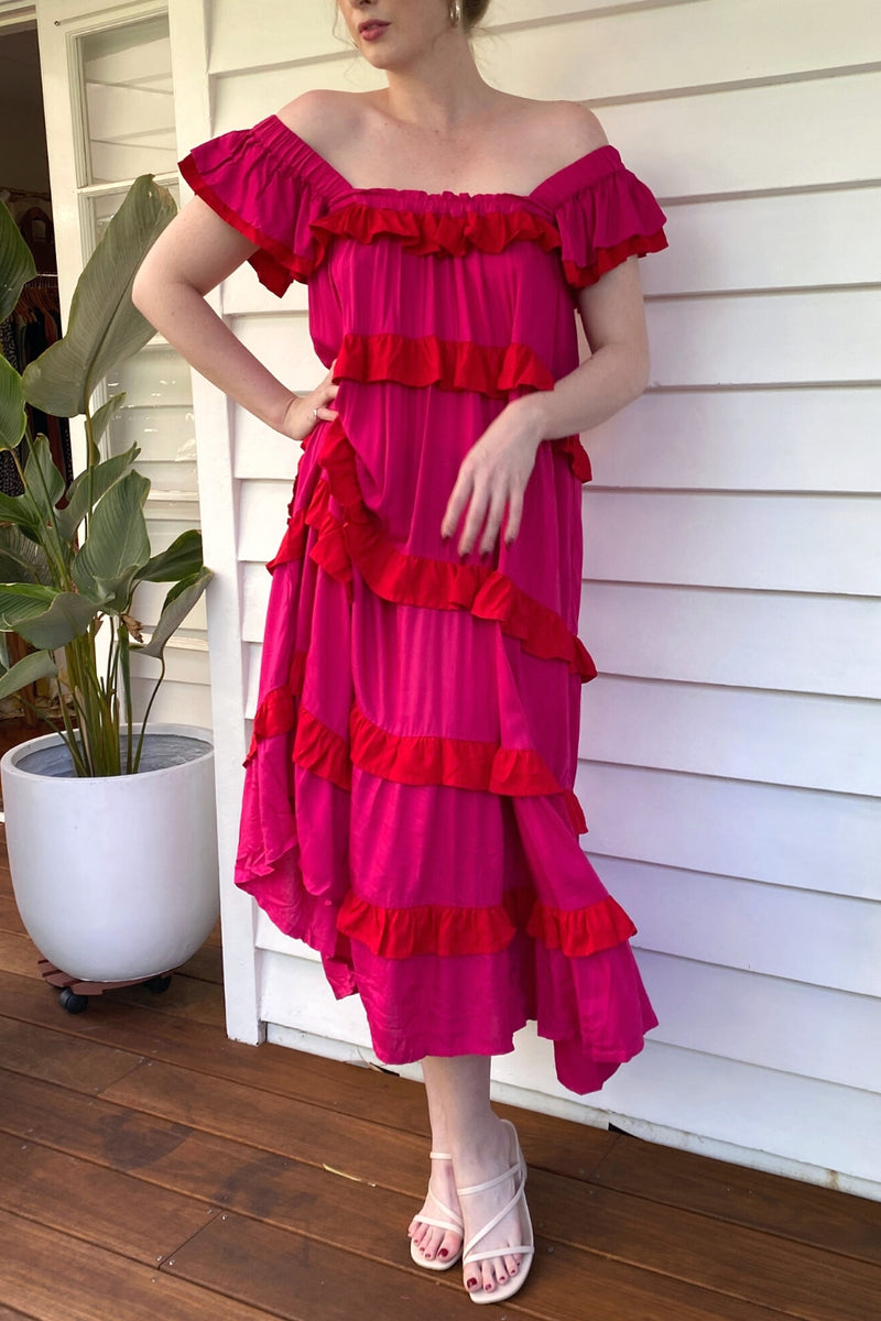 The Smock Midi Dress - Pink and Red Fiesta